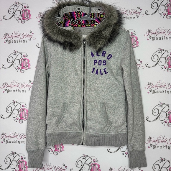 Aeropostale hoodie fur trim hood knit crochet neon inside hood zip up sweater - Picture 1 of 14